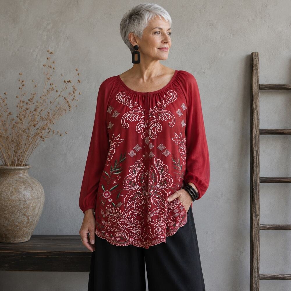 Soft Surroundings Rust Brick Orange Red Embroidered Long Sleeve Top 1X